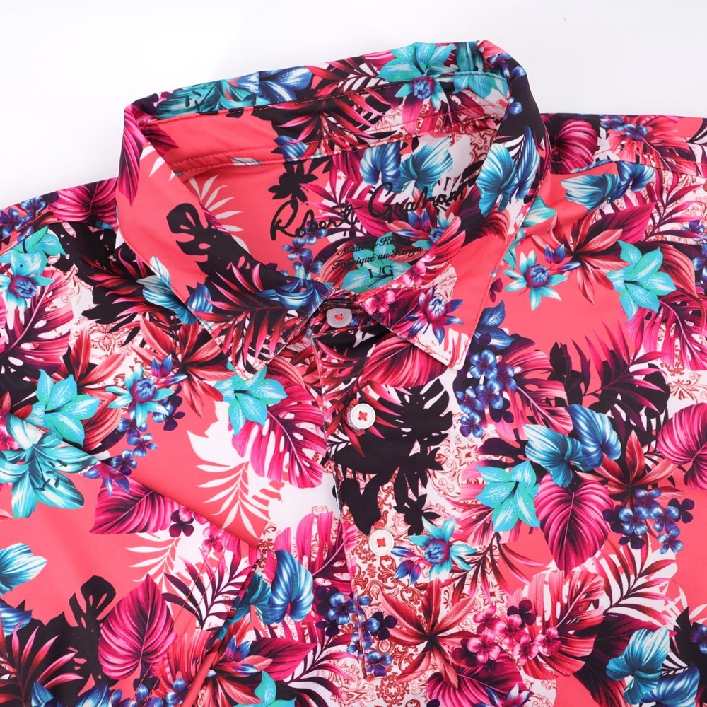 Robert Graham Tropical Floral Paisley Performance Polo Pink Short Sleeve Mens L